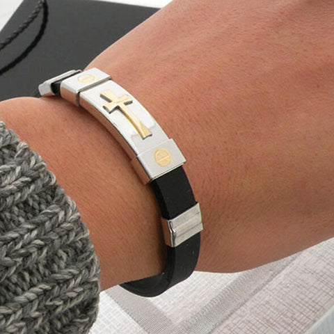 Stainless Steel Cross Silicone Buckle Bracelet